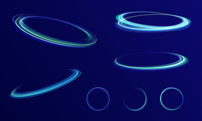 Curve light effect of blue line. Luminous blue circle. Colored neon ovals or circles for swirl shiny rings light effect. Glow luminous glitter shimmer trail. 