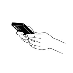 Hand with mobile phone People lifestyle with Social media Hand drawn Line art Illustration