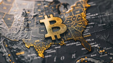 Bitcoin coin on political map of North America, on the territory of united states, use of cryptocurrency worldwide, economic power, crypto coint currency.