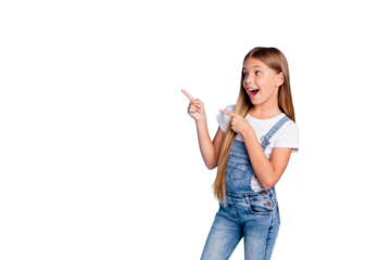 Portrait of her she nice-looking cute attractive cheerful amazed glad straight-haired blonde girl pointing two fingers aside copy space isolated on blue pastel background