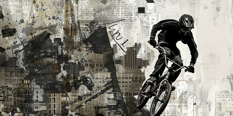 Urban BMX Rider Performing Tricks Against Grunge Cityscape