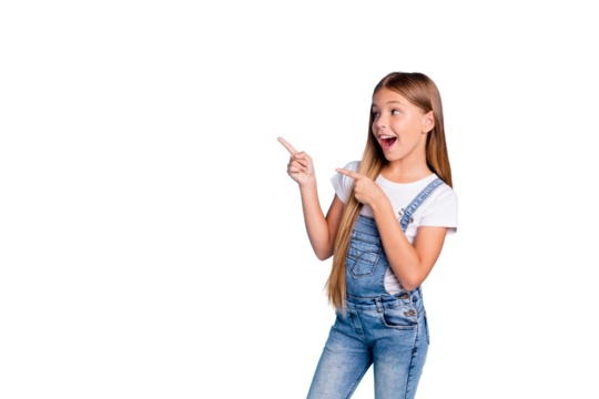 Portrait of her she nice-looking cute attractive cheerful amazed glad straight-haired blonde girl pointing two fingers aside copy space isolated on blue pastel background