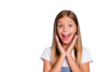 Close-up profile side portrait of her she nice cute lovely attractive cheerful amazed glad funny straight-haired blonde girl opened mouth gift present wish isolated on blue pastel background