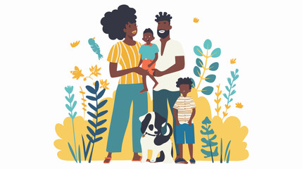 Mother and father with children and dog. Happy afro a