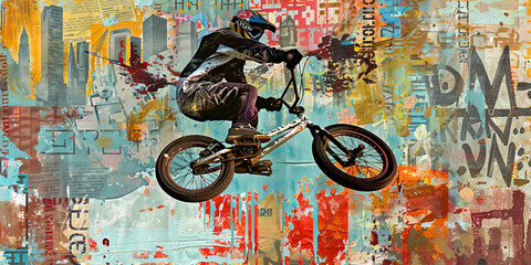 Urban BMX Biker Performing Stunt Against Graffiti Art Background