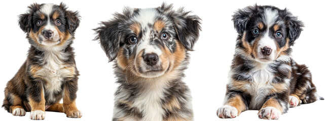 Australian shepherd puppy bundle, collection of cute baby dogs, sitting, portrait and lying, isolated on a white background