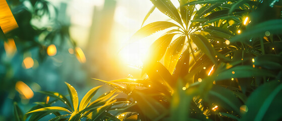 Fresh Cannabis Leaves in Bright Sunlight, Agricultural Focus on Growth and Natural Environment - obrazy, fototapety, plakaty