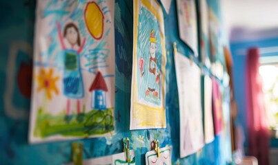 Closeup of children's drawings hanging on the wall in the class