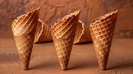 Five empty waffle ice cream cones on a textured brown background