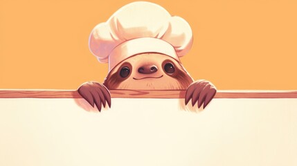 Obraz premium A charming sloth chef playfully peeks out from behind a blank sign
