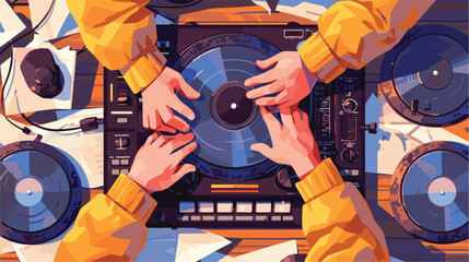 DJ hands playing vinyl. Top view. DJ Interface work
