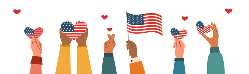 People hand holding american flag and hearts. Vector flat illustration. Memorial day and Independence day concept.