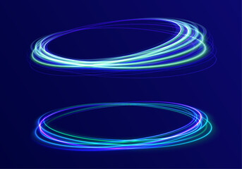 Neon light circle of speed in the form of a round whirlpool. Rounded neon line with light effect. Energy flow tunnel. 