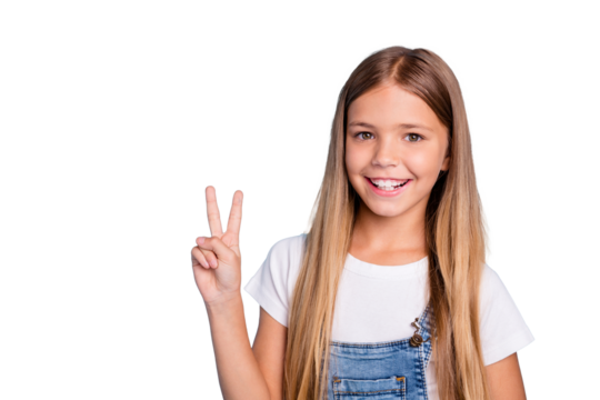 Close-up portrait of her she nice cute lovely sweet charming winsome attractive cheerful cheery straight-haired blonde pre-teen girl showing v-sign isolated on blue pastel background
