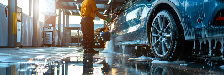 Washing a blue car at a contactless selfservice car wash Washing a sedan car with foam and highpressure water.  - obrazy, fototapety, plakaty