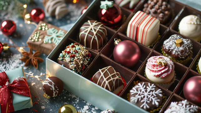 A box of assorted Christmas cookies and cakes. The box is filled with a variety of treats, including some with red and white frosting and others with chocolate