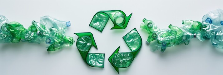 Conceptual image of a recycle symbol formed with crushed transparent plastic bottles highlighting eco-friendliness