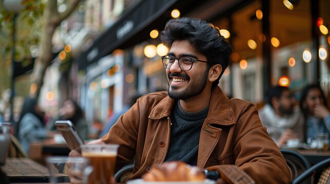 Handsome Multiethnic Man Sitting on a Terrace in a Cafe, Having a Cup of Coffee with Pastry. Happy Indian Man Connecting with Friends Online, Replying to Social Media Posts. copy space for text.