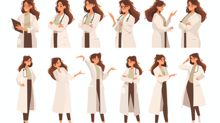 Doctor woman poses vector illustration set. Cartoon