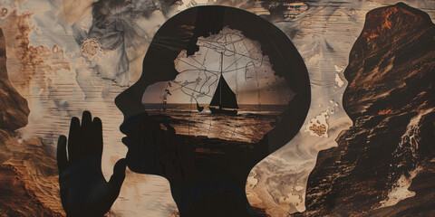 Silhouette of a Person with Sailing Ship Inside Head on Abstract Artistic Background - obrazy, fototapety, plakaty
