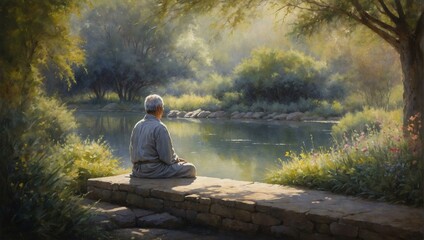 An elderly man meditates by a calm river, surrounded by lush nature, depicting serenity and reflection in the painting