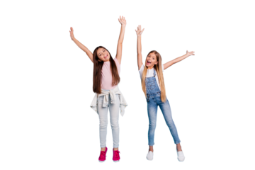 Full length body size view portrait of two people nice lovely attractive cheerful straight-haired pre-teen girls raising hands up chill out rest relax isolated on blue turquoise background