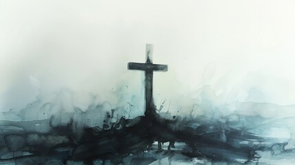 Abstract watercolor blend of the cross and light, symbolizing Jesus, minimalist white