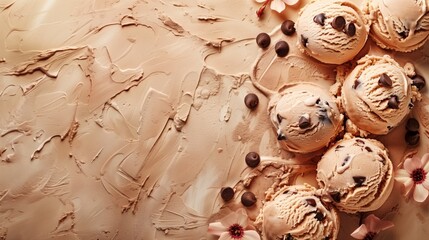 Scoops of creamy chocolate chip ice cream with chocolate pieces and flowers