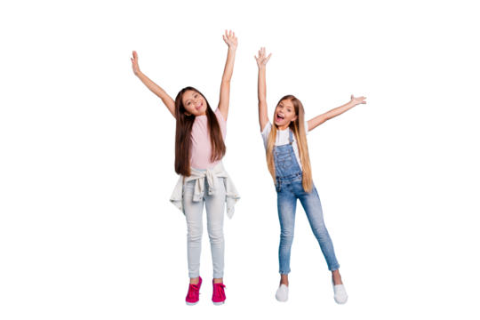 Full length body size view portrait of two people nice lovely attractive cheerful straight-haired pre-teen girls raising hands up chill out rest relax isolated on blue turquoise background
