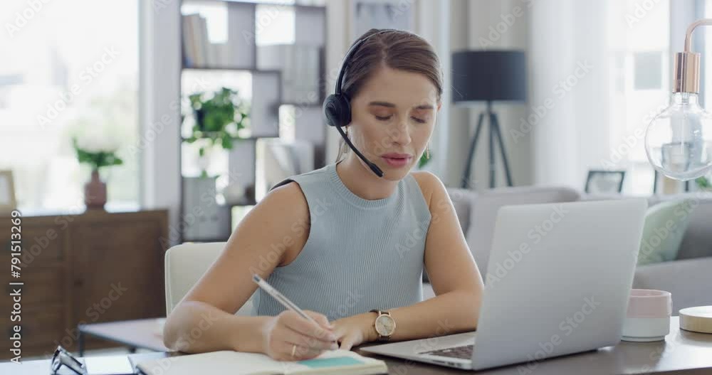 Poster woman, call center and laptop for work from home planning, advice and feedback or communication. vir