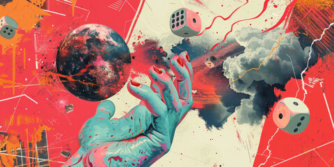 Surreal Collage of Cosmic Elements and Human Hand in Dynamic Abstract Art
