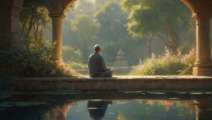 A thoughtful individual sits by a serene pond with arching pillars leading towards a distant temple in lush environment