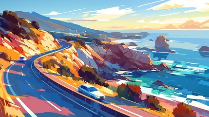 Panoramic road view on the Mediterranean coast of Europe. Car going on highway at colorful sunset. Car driving on the road. panoramic highway landscape on the beach. nature scenery on 