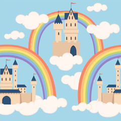 Seamless pattern fantasy medieval stone castle with towers gate flying in the sky on white cloud with rainbow vector illustration on blue background - 791513616