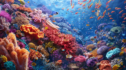 A  bustling coral reef ecosystem showcasing intricate coral structures in shades of red orange yellow and purple surrounded by schools of tropical fish and swaying sea anemones.