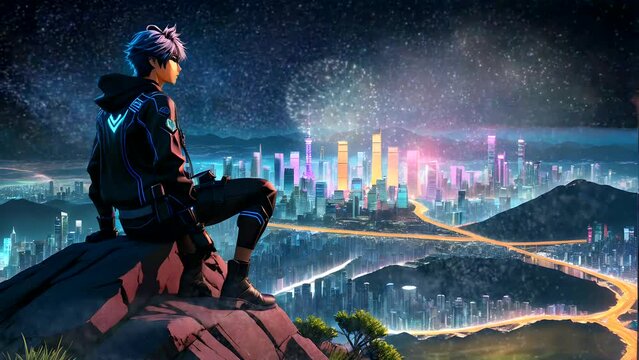 Anime style, person sitting on peak of mountain rock, rousing night in the futuristic city