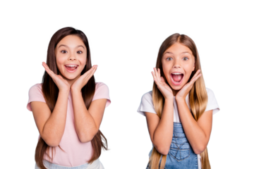 Close-up portrait of two people nice cute attractive charming cheerful glad straight-haired pre-teen girls overjoy great news isolated on blue turquoise background