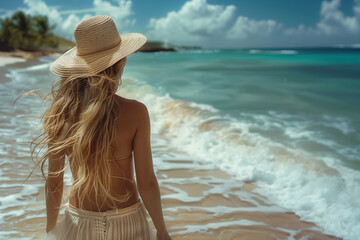 Donna al mare cammina in riva alla spiaggia con cappello di paglia - obrazy, fototapety, plakaty
