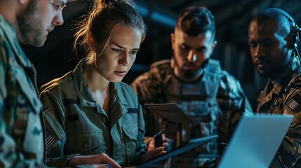 International Team of Military Personnel Have Meeting in Top Secret Facility, Female Leader Holds Laptop Computer Talks with Male Specialist. copy space for text. - obrazy, fototapety, plakaty