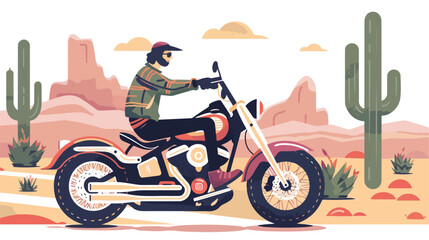 Man riding a motorcycle. Desert landscape with cactus