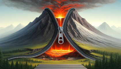 A volcano with a zipper opening up to reveal a lava flow - obrazy, fototapety, plakaty