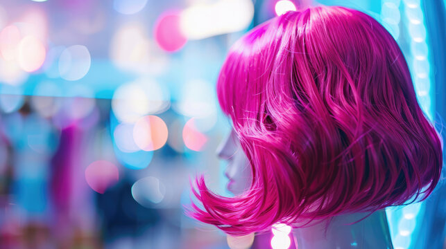 Bright pink wig on a mannequin, blurred background.