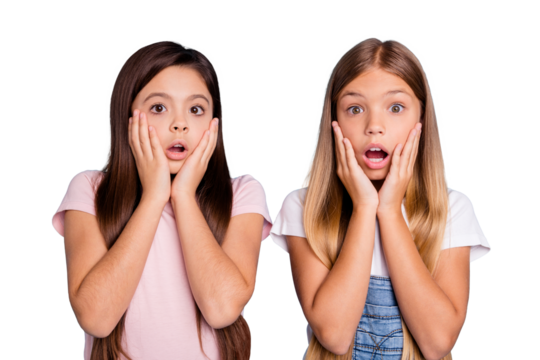 Close-up portrait of two people nice cute attractive charming scared frightened funny straight-haired pre-teen girls touching cheeks scary news isolated over blue pastel background