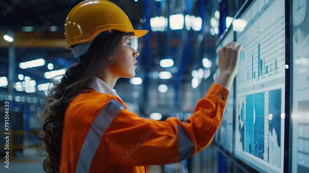 Poster modern industrial factory meeting: confident female engineer uses interactive whiteboard, makes repo