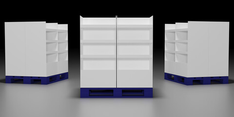 Pallet product display shelf for Superstore front and side angles. 3D Illustration © Mahnoor