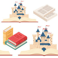 Seamless pattern of fantasy medieval stone castle with towers gate with big books style vector illustration on white background - 791514651