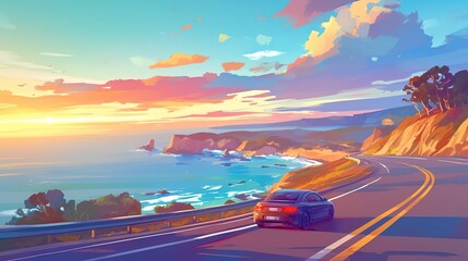 Panoramic road view on the Mediterranean coast of Europe. Car going on highway at colorful sunset. Car driving on the road. panoramic highway landscape on the beach. nature scenery on 