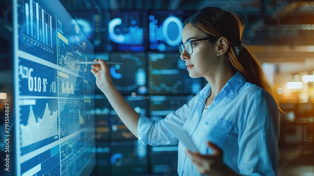 Poster modern industrial factory meeting: confident female engineer uses interactive whiteboard, makes repo