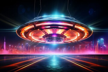 Glow neon of ufo flying, unidentified flying object, or aliens saucer spaceship flying in the city sky. Generative AI.