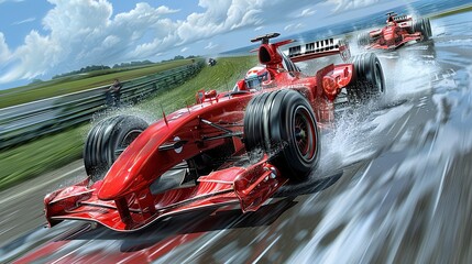 Paint a scene of intense competition as a Formula 1 car overtakes on a track blasted by a sudden gust - obrazy, fototapety, plakaty